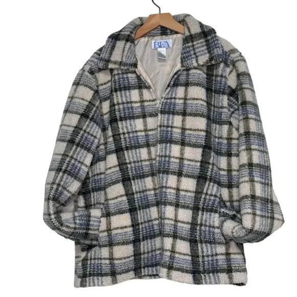 Vintage BFA Classics women's 1X plaid Sherpa jacket cream blue green boho - Picture 1 of 6